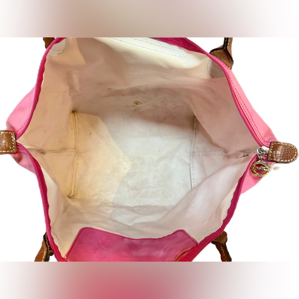 Longchamp Le Pliage Original tote, in pink nylon with brown leather trim. Used - Picture 8 of 14